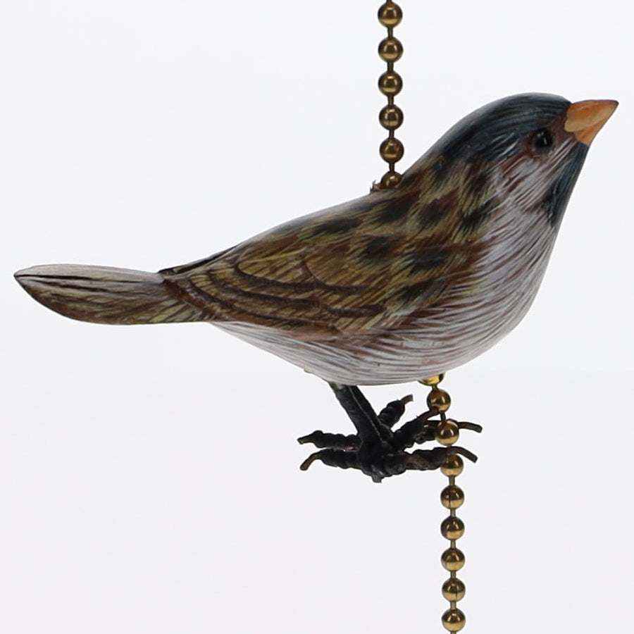 18" Length Brass Plated Pull Chain Tan, Blue, Grey Wooden Bird (15017)