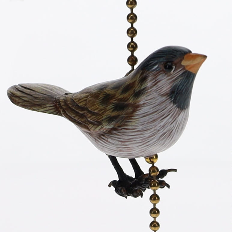 18" Length Brass Plated Pull Chain Tan, Blue, Grey Wooden Bird (15017)