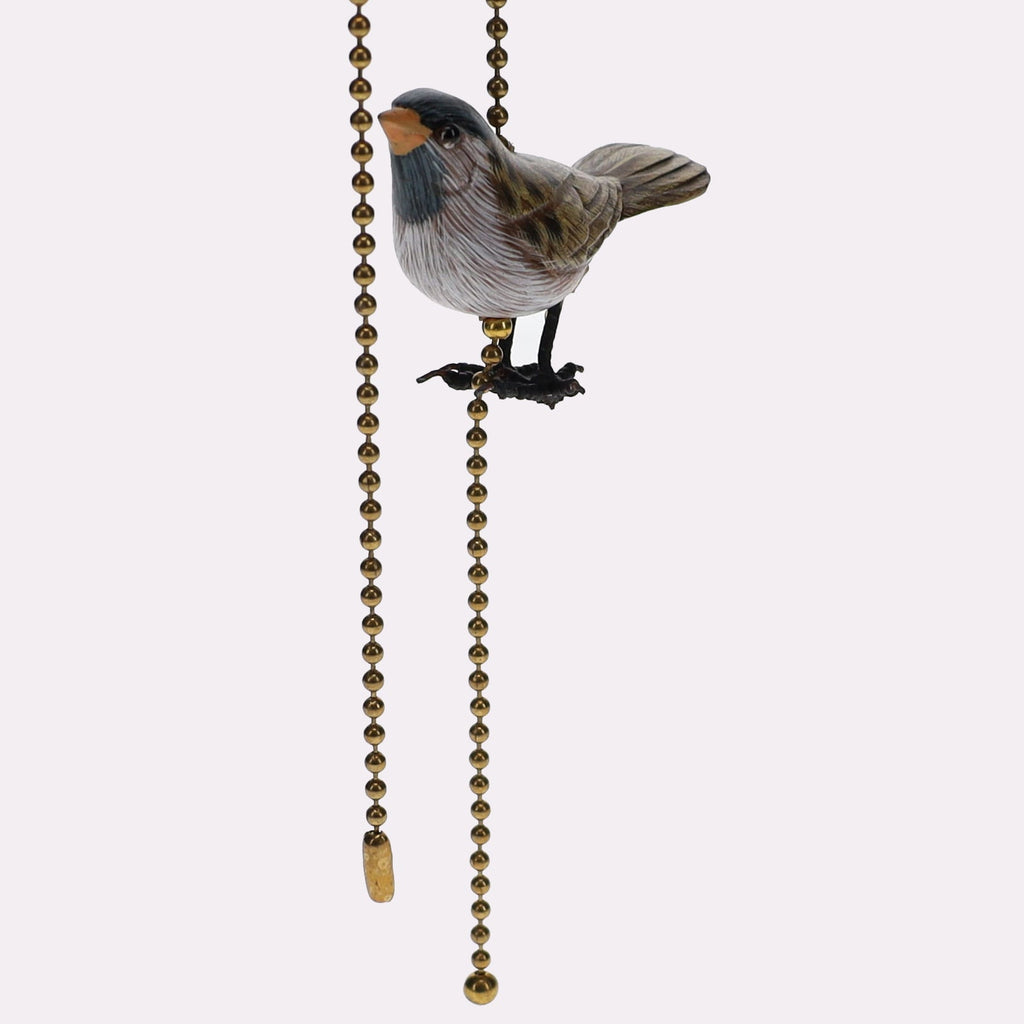 18" Length Brass Plated Pull Chain Tan, Blue, Grey Wooden Bird (15017)