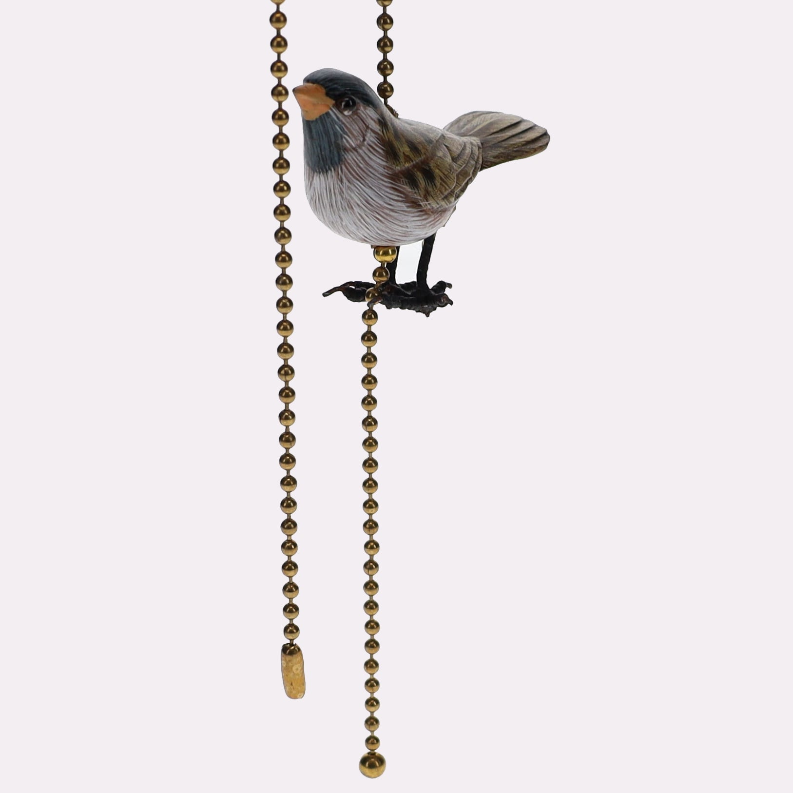 18" Length Brass Plated Pull Chain Tan, Blue, Grey Wooden Bird (15017)