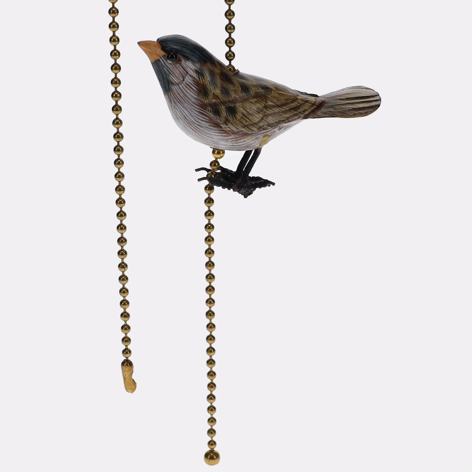 18" Length Brass Plated Pull Chain Tan, Blue, Grey Wooden Bird (15017)