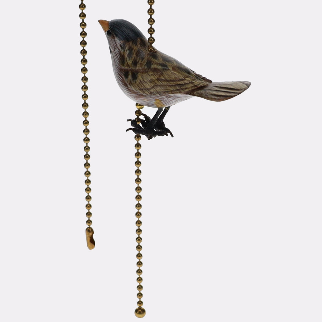 18" Length Brass Plated Pull Chain Tan, Blue, Grey Wooden Bird (15017)