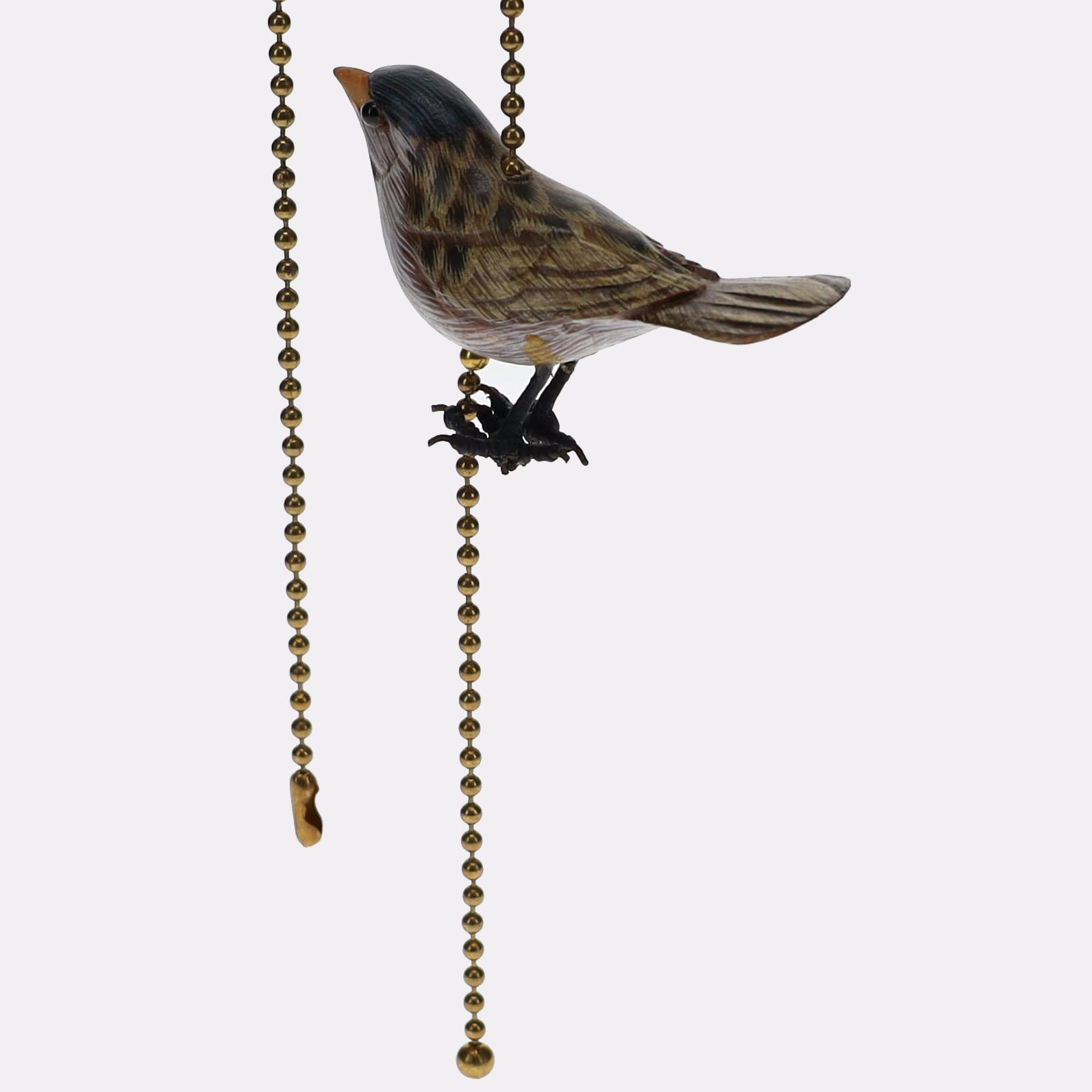 18" Length Brass Plated Pull Chain Tan, Blue, Grey Wooden Bird (15017)