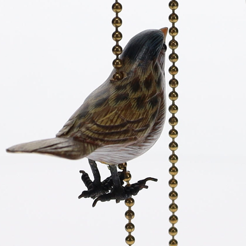 18" Length Brass Plated Pull Chain Tan, Blue, Grey Wooden Bird (15017)