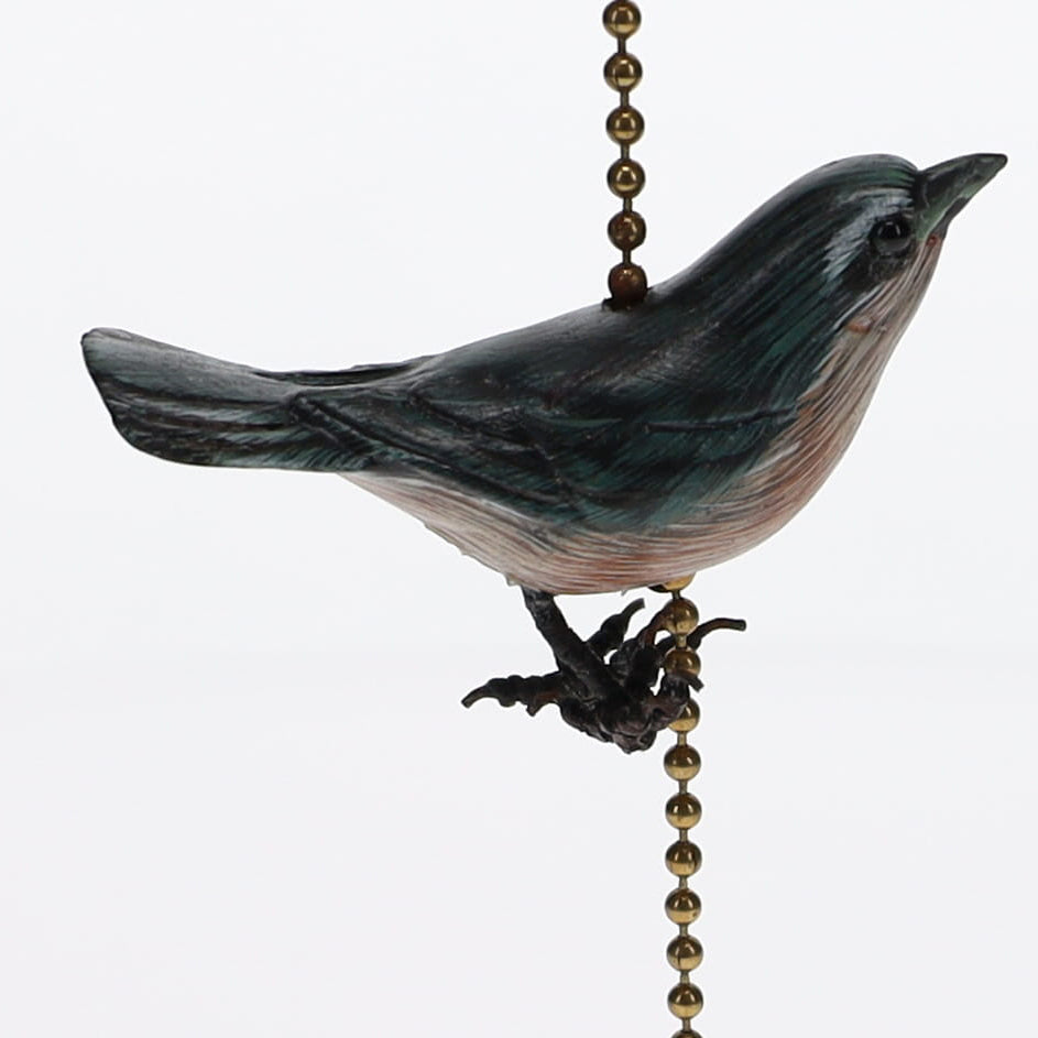18" Length Brass Plated Pull Chain Tan, Blue, Grey Wooden Bird (15020)