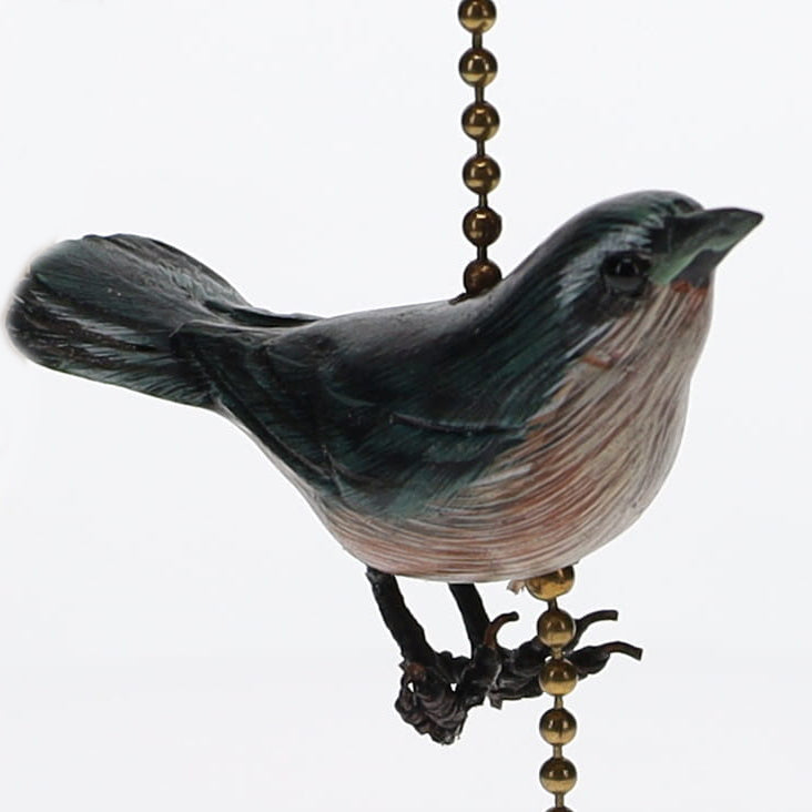 18" Length Brass Plated Pull Chain Tan, Blue, Grey Wooden Bird (15020)