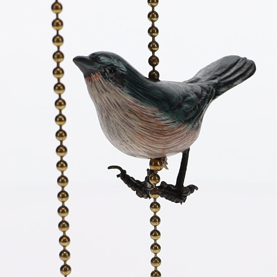 18" Length Brass Plated Pull Chain Tan, Blue, Grey Wooden Bird (15020)