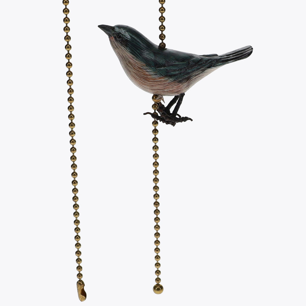 18" Length Brass Plated Pull Chain Tan, Blue, Grey Wooden Bird (15020)