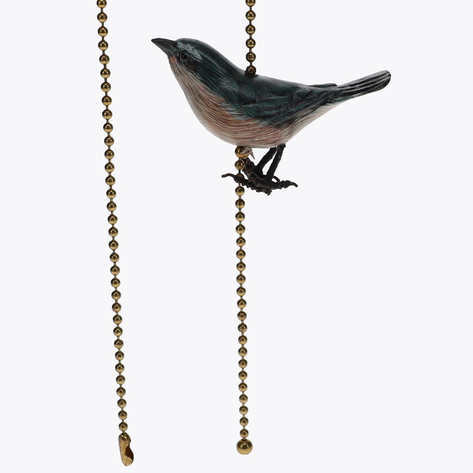 18" Length Brass Plated Pull Chain Tan, Blue, Grey Wooden Bird (15020)