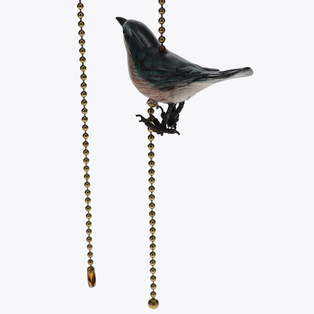 18" Length Brass Plated Pull Chain Tan, Blue, Grey Wooden Bird (15020)
