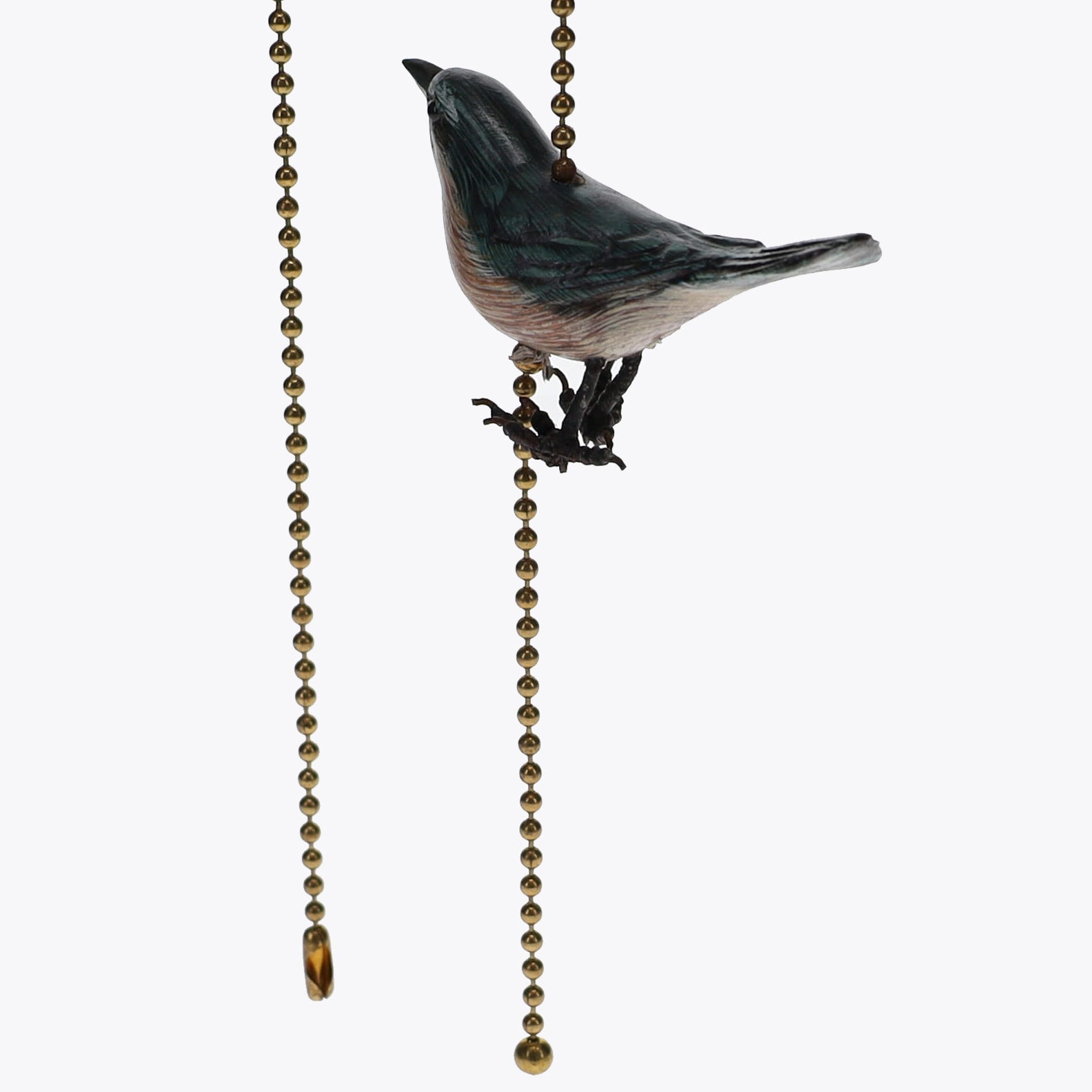 18" Length Brass Plated Pull Chain Tan, Blue, Grey Wooden Bird (15020)