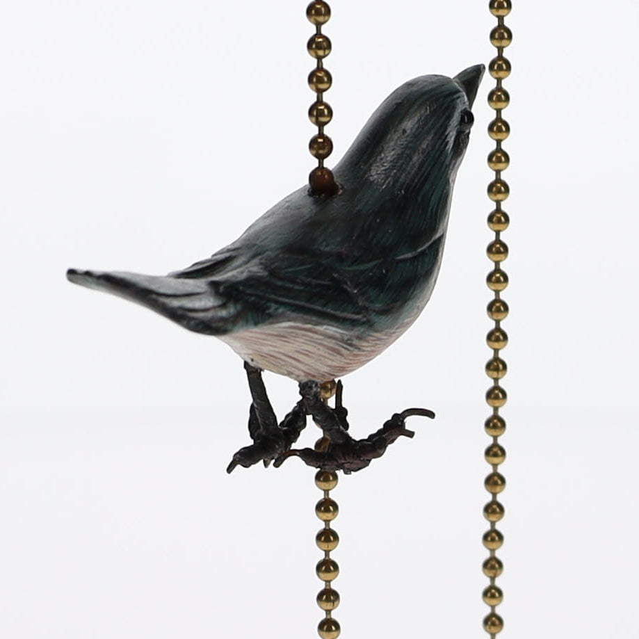 18" Length Brass Plated Pull Chain Tan, Blue, Grey Wooden Bird (15020)