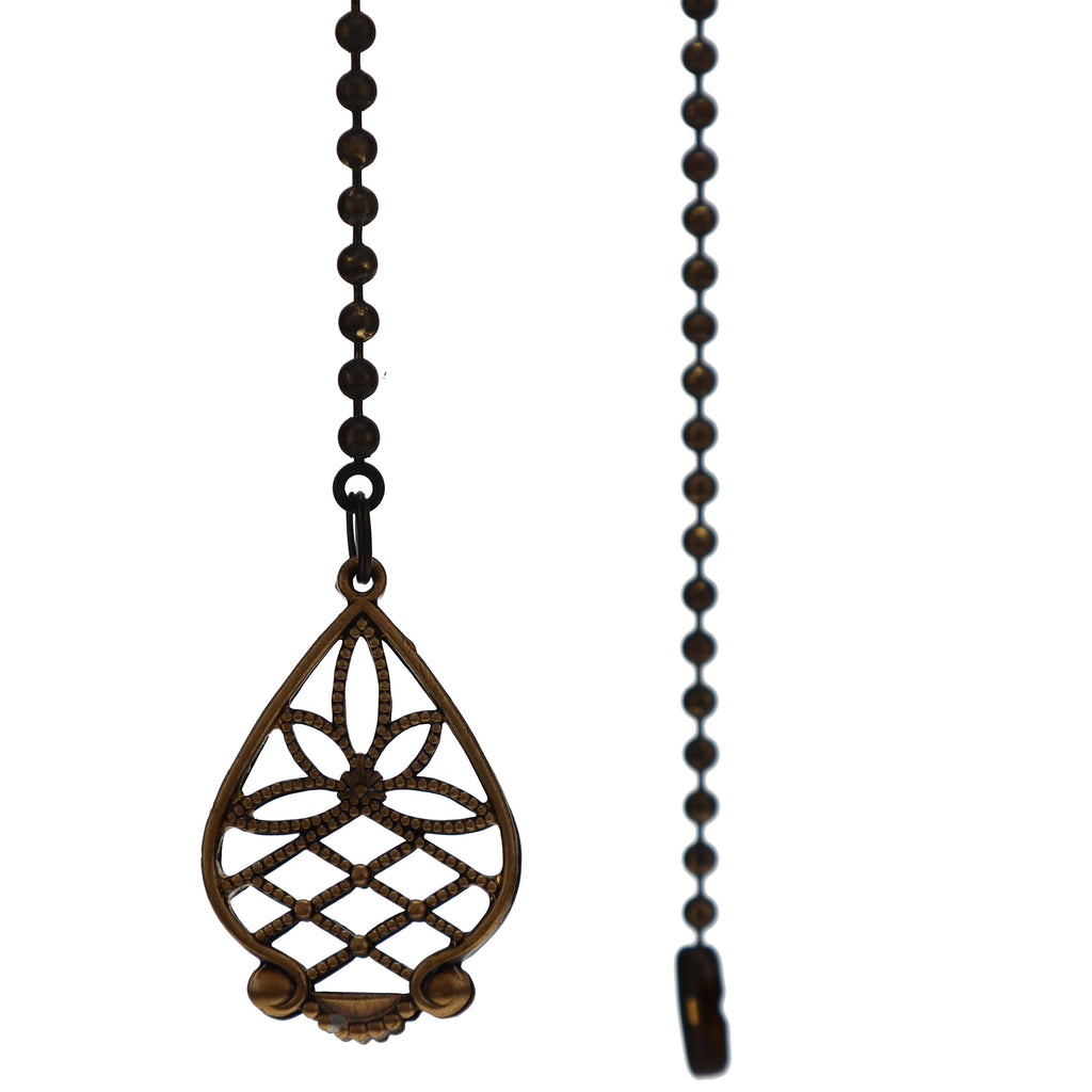 20" Length Brass Pull Chain Filigree Teardrop Pendant Rustic Bronze (15028B)