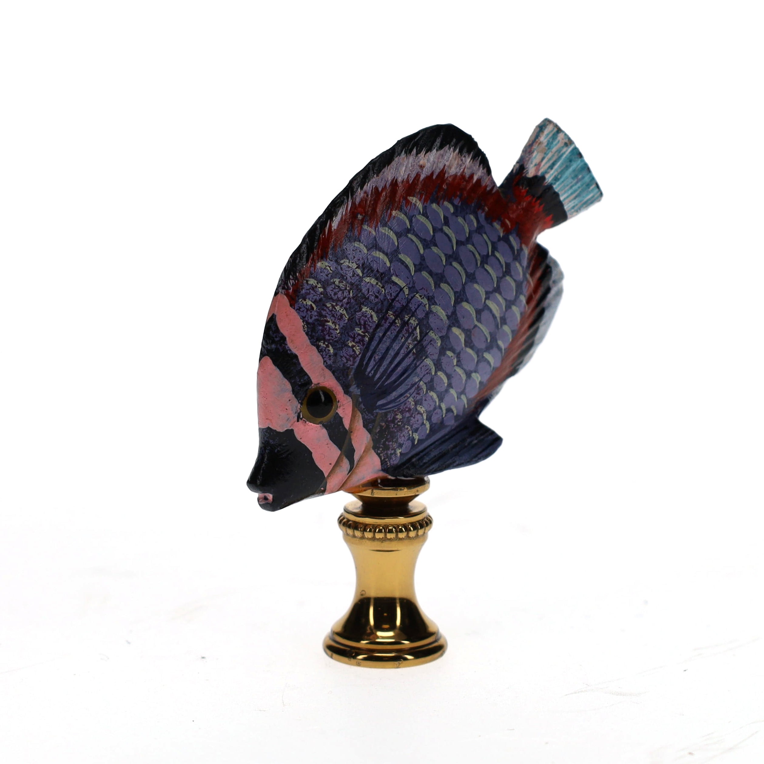 3" Tall Brass Finial Tropical Fish Purple, Pink, Burgundy, Black 1/4-27F Tap (15105)