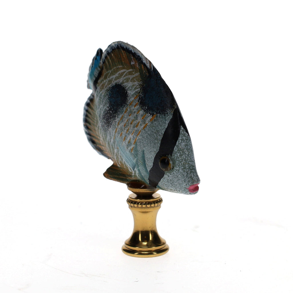 3" Tall Brass Finial Tropical Fish Blue, Black, Brown, Tan 1/4-27F Tap (15107)