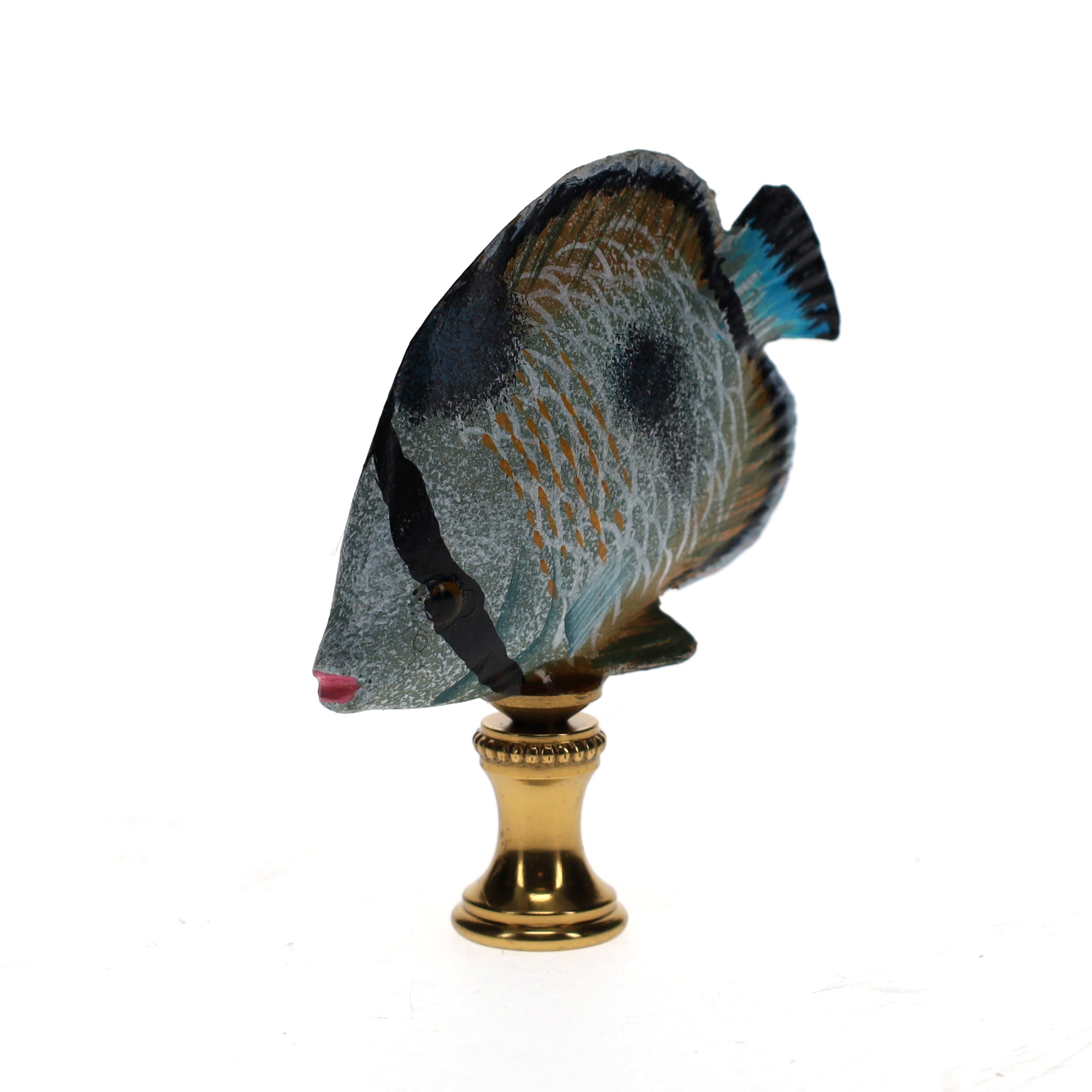 3" Tall Brass Finial Tropical Fish Blue, Black, Brown, Tan 1/4-27F Tap (15107)