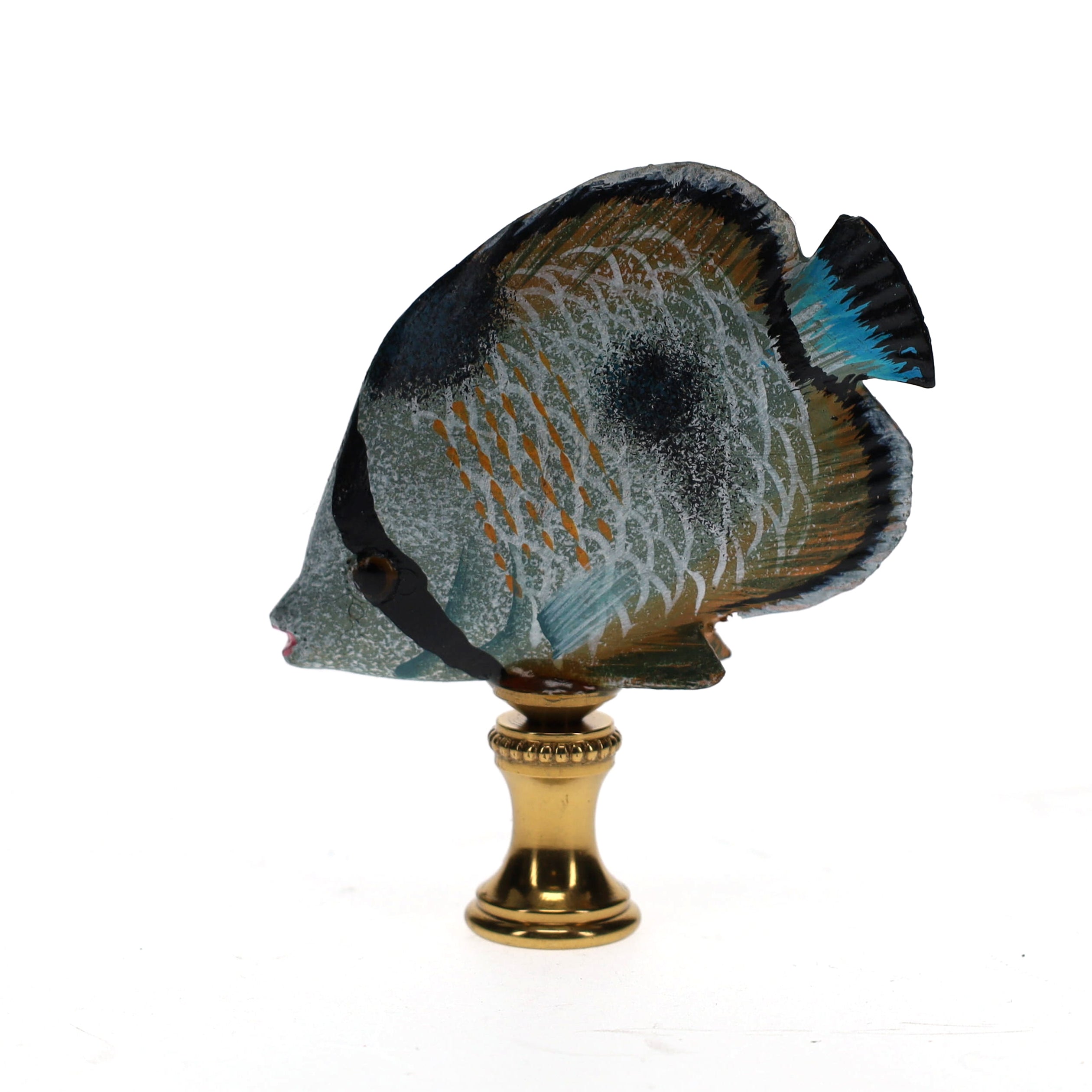 3" Tall Brass Finial Tropical Fish Blue, Black, Brown, Tan 1/4-27F Tap (15107)