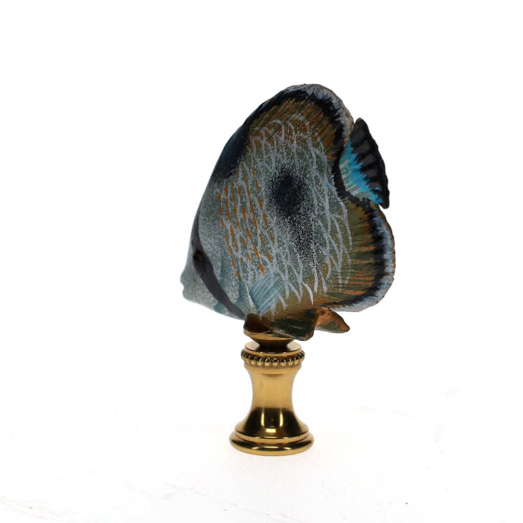 3" Tall Brass Finial Tropical Fish Blue, Black, Brown, Tan 1/4-27F Tap (15107)
