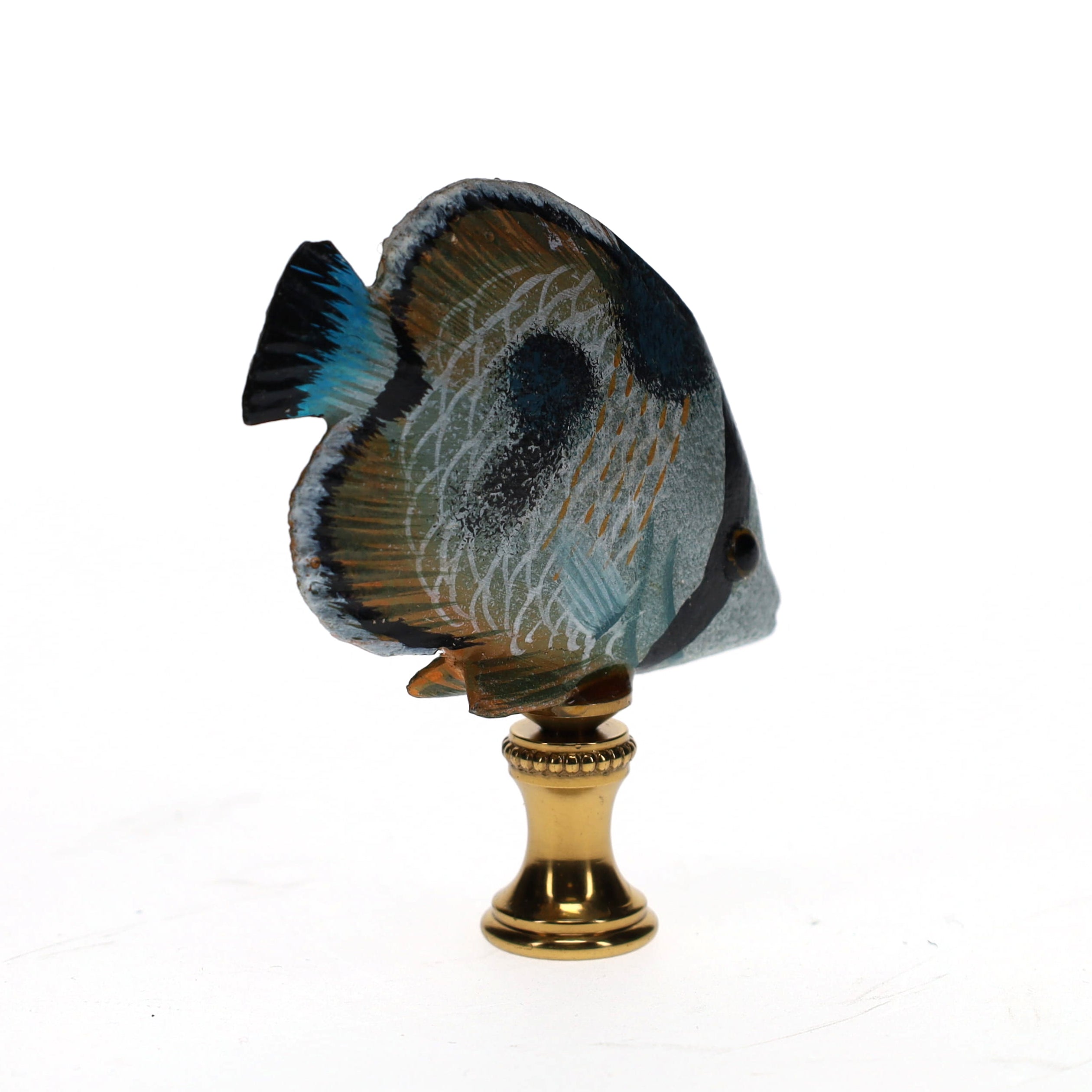 3" Tall Brass Finial Tropical Fish Blue, Black, Brown, Tan 1/4-27F Tap (15107)