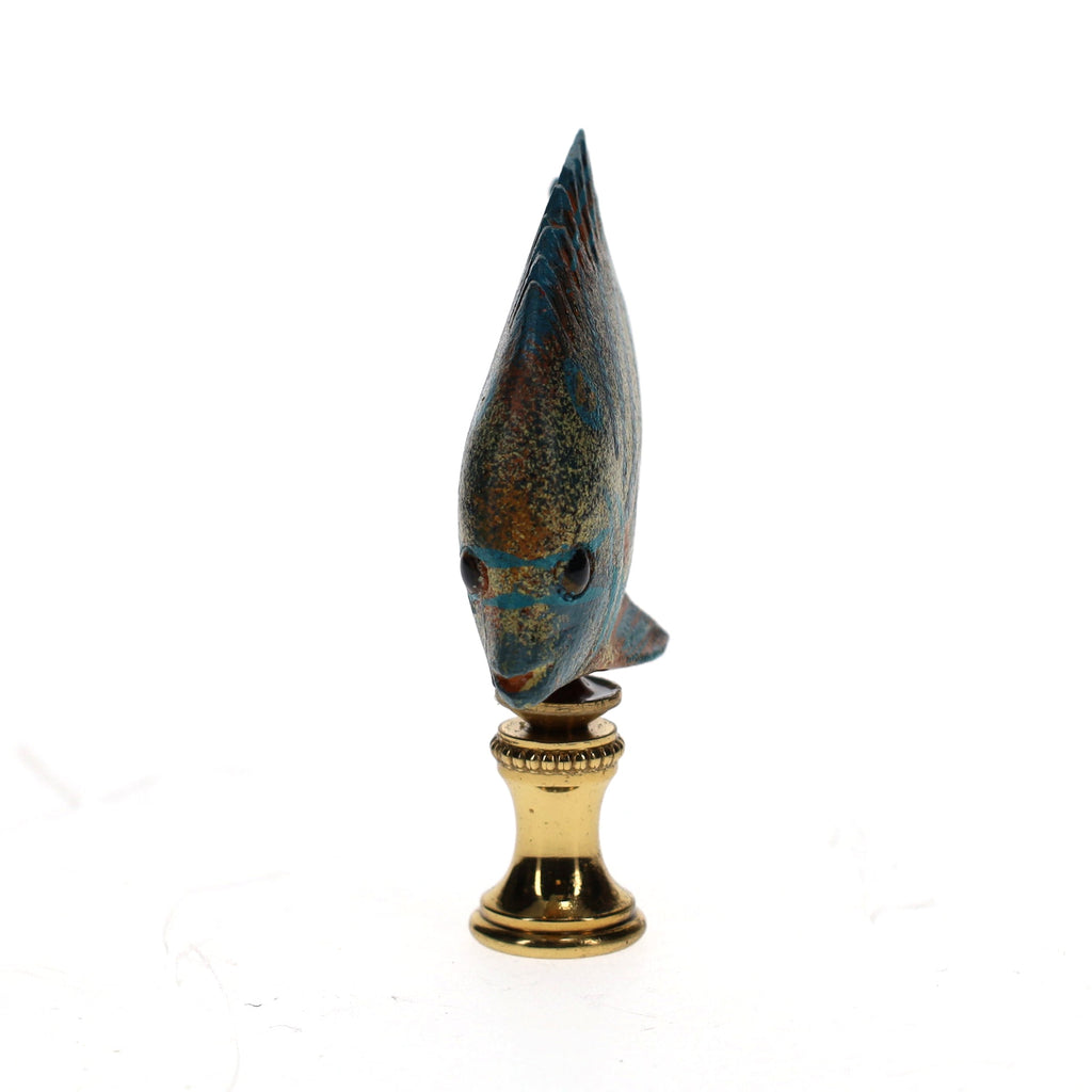3" Tall Brass Finial Tropical Fish Blue Stripes, Ivory, Brown, Tan 1/4-27F Tap (15108)