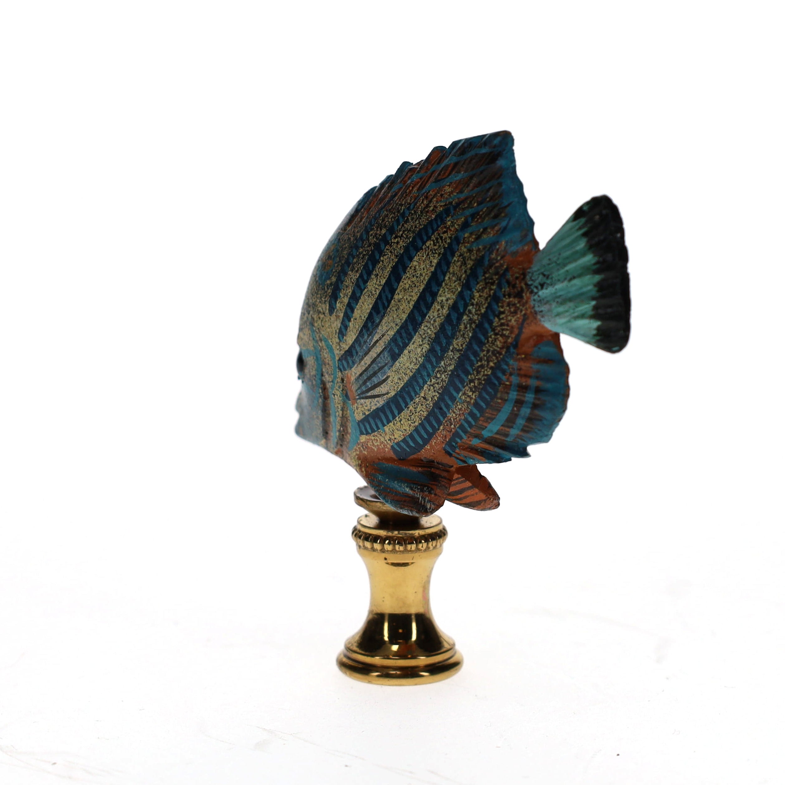 3" Tall Brass Finial Tropical Fish Blue Stripes, Ivory, Brown, Tan 1/4-27F Tap (15108)