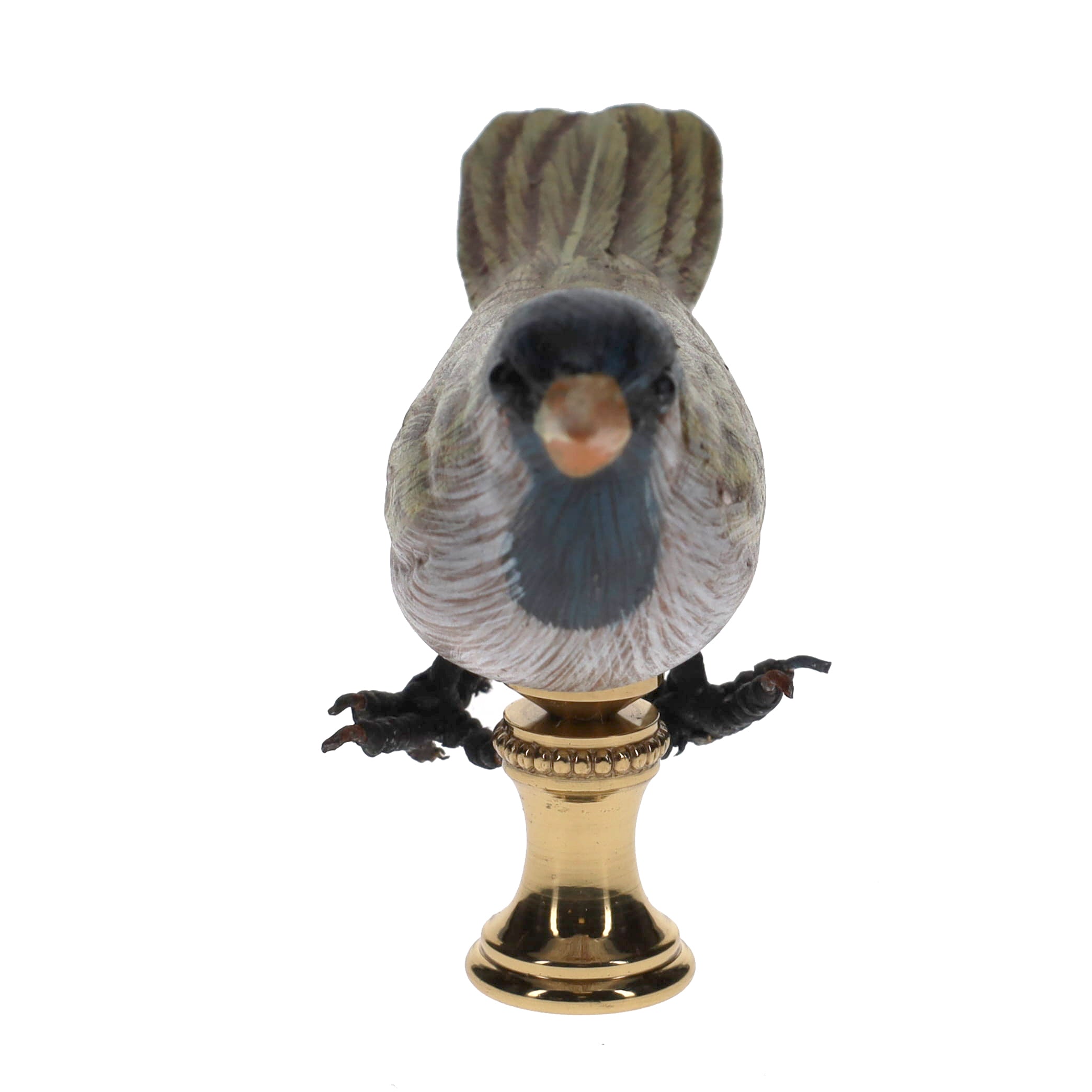 2" Tall Brass Finial Wooden Bird Brown Grey Green Blue 1/4-27F Tap (15116)