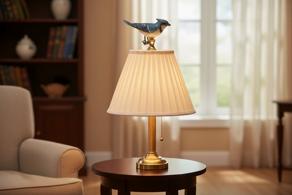 2" Tall Brass Finial Wooden Bird Blue Jay, Grey, Black 1/4-27F Tap (15117)