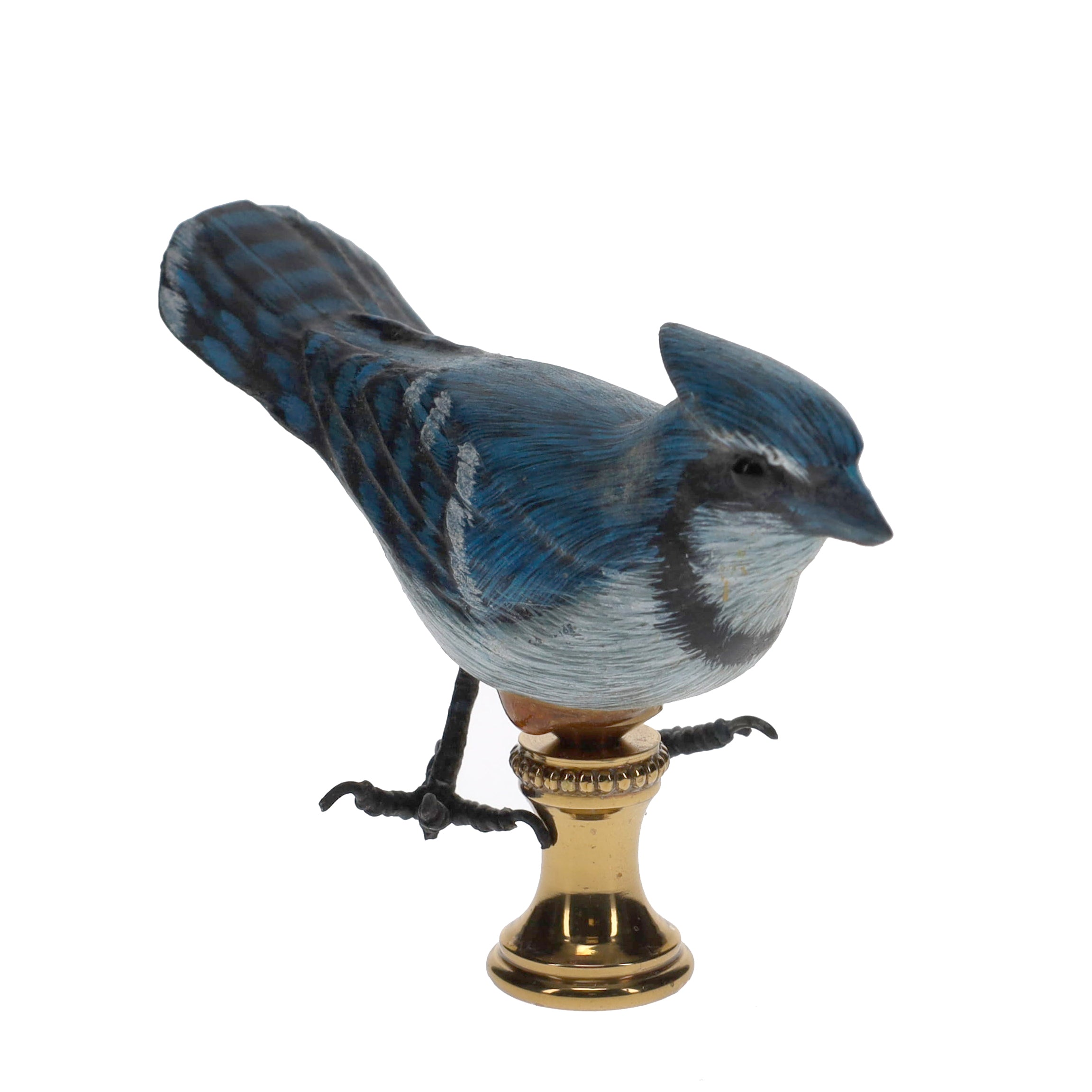 2" Tall Brass Finial Wooden Bird Blue Jay, Grey, Black 1/4-27F Tap (15117)