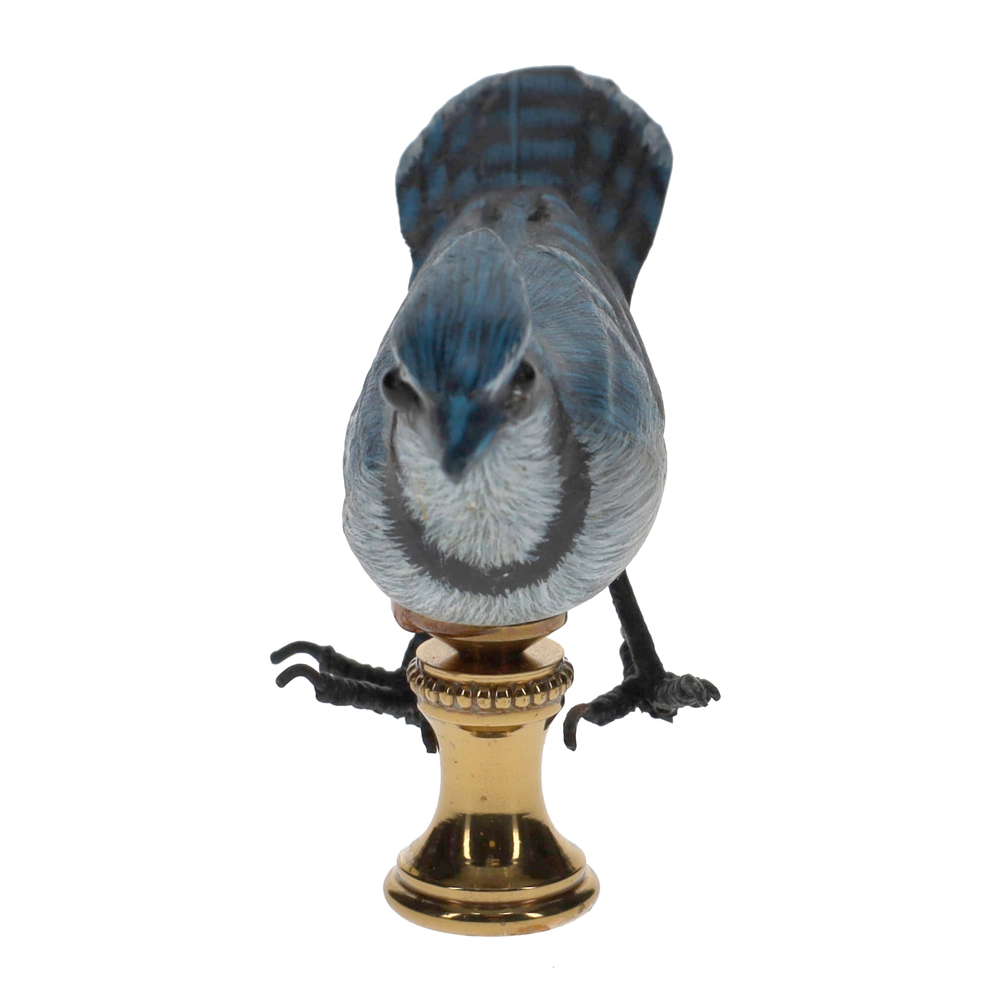 2" Tall Brass Finial Wooden Bird Blue Jay, Grey, Black 1/4-27F Tap (15117)