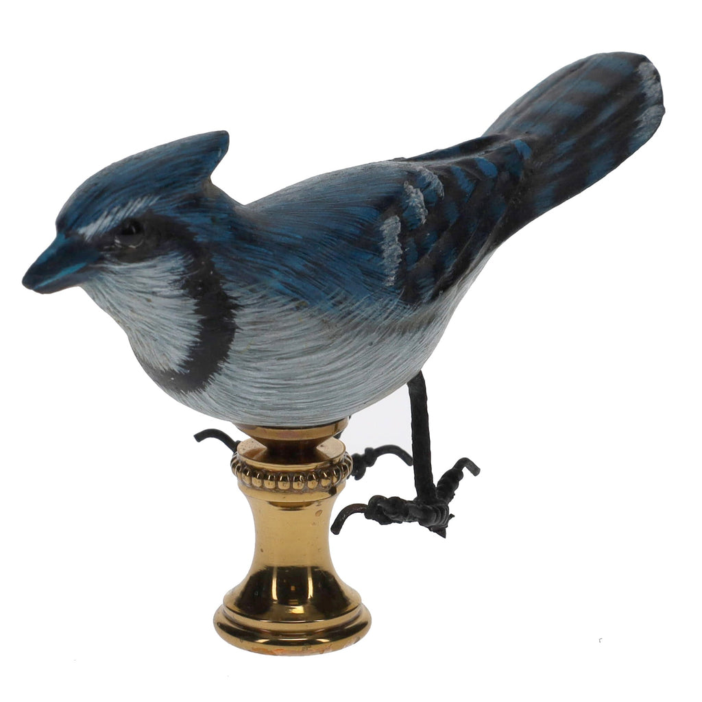 2" Tall Brass Finial Wooden Bird Blue Jay, Grey, Black 1/4-27F Tap (15117)