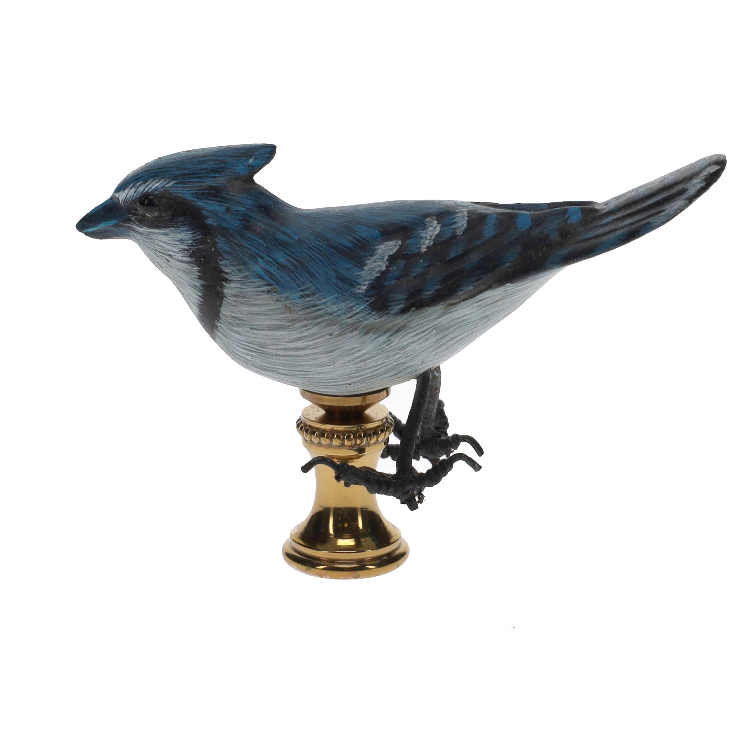 2" Tall Brass Finial Wooden Bird Blue Jay, Grey, Black 1/4-27F Tap (15117)