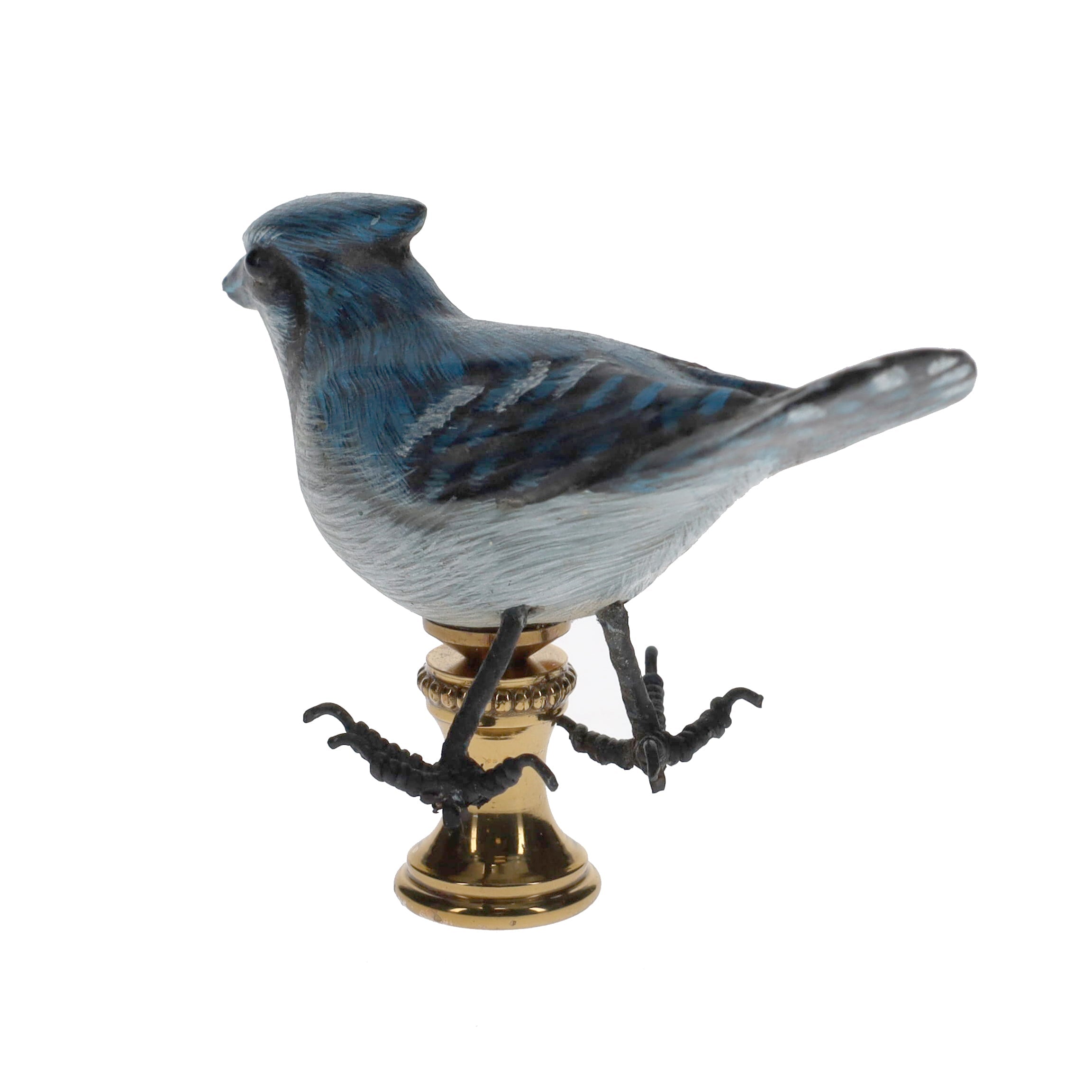 2" Tall Brass Finial Wooden Bird Blue Jay, Grey, Black 1/4-27F Tap (15117)