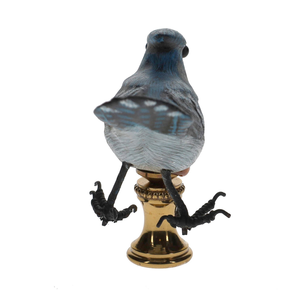 2" Tall Brass Finial Wooden Bird Blue Jay, Grey, Black 1/4-27F Tap (15117)