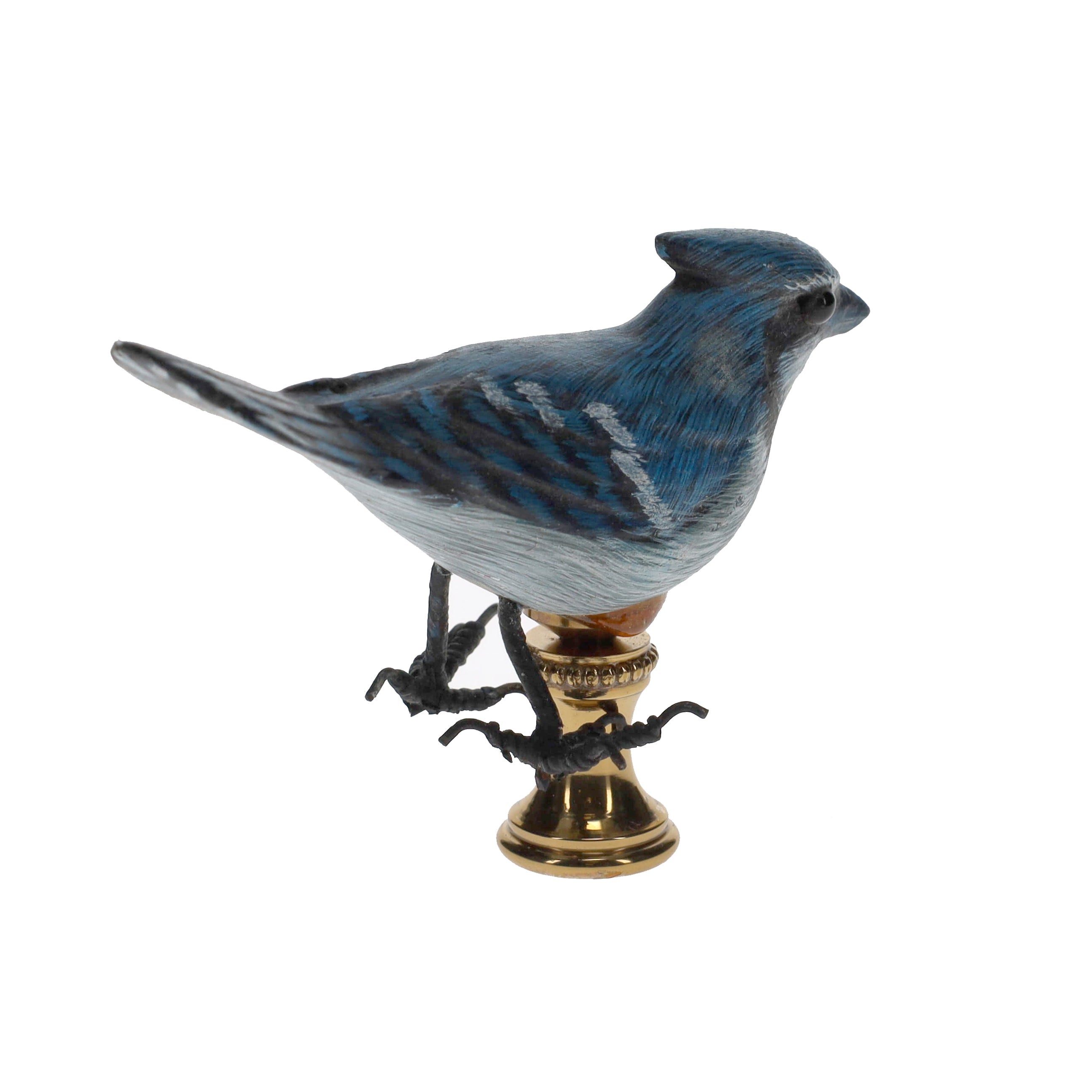2" Tall Brass Finial Wooden Bird Blue Jay, Grey, Black 1/4-27F Tap (15117)