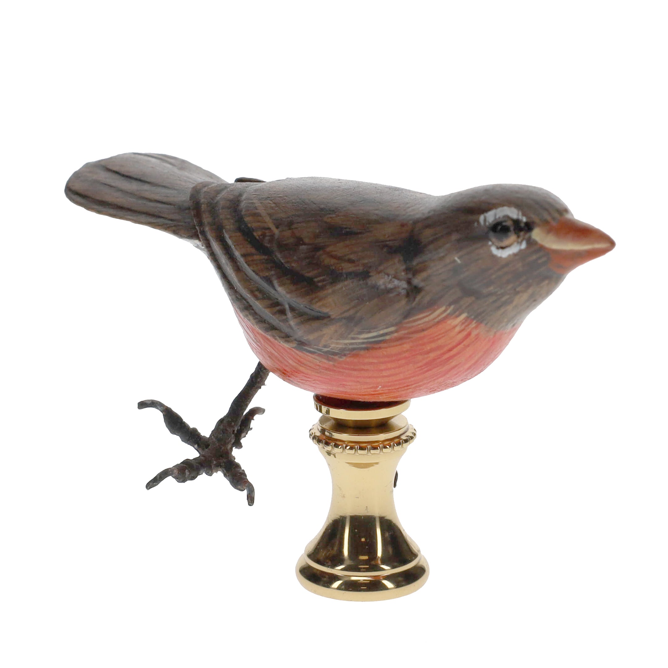 2" Tall Brass Finial Wooden Bird Brown, Orange, White 1/4-27F Tap (15118)