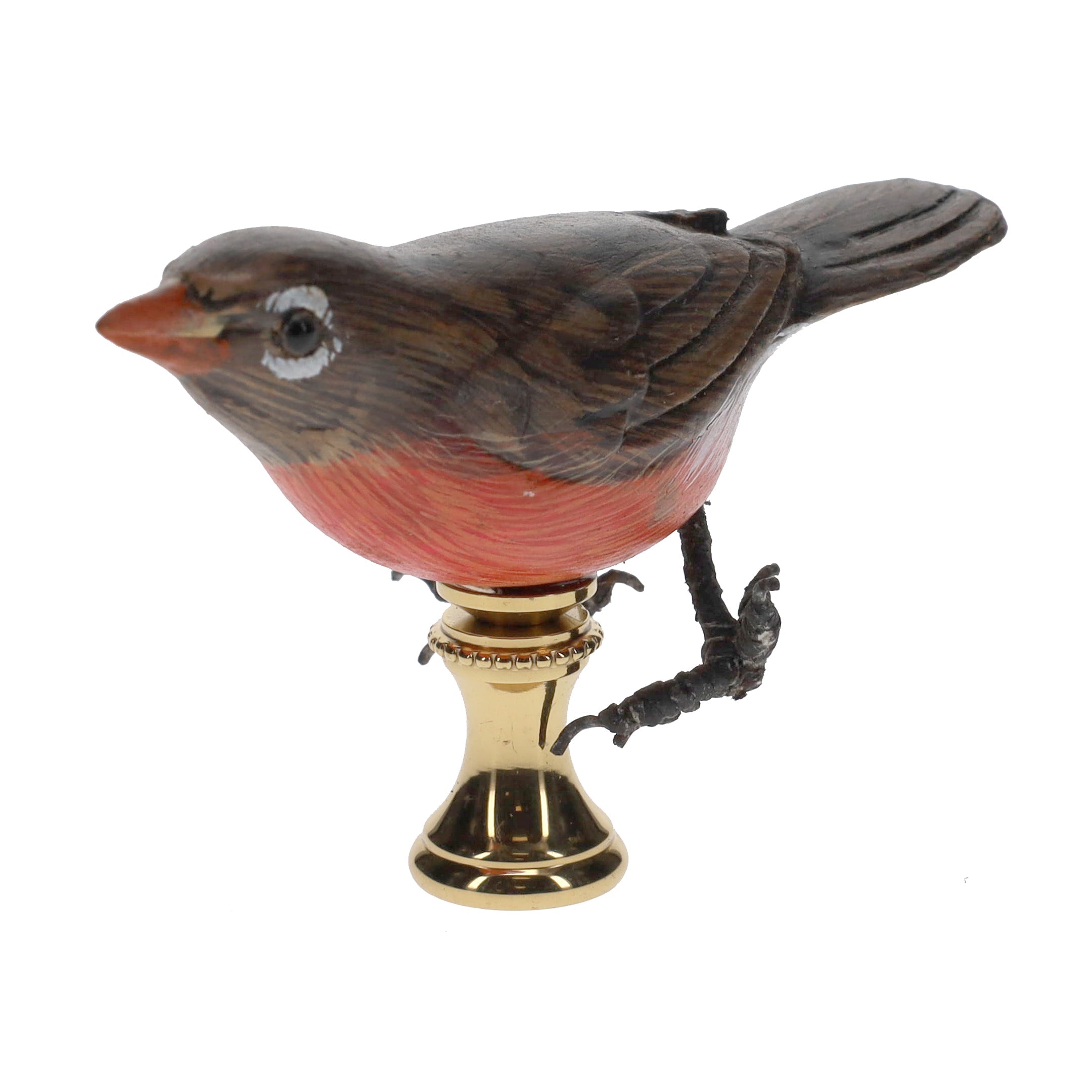 2" Tall Brass Finial Wooden Bird Brown, Orange, White 1/4-27F Tap (15118)