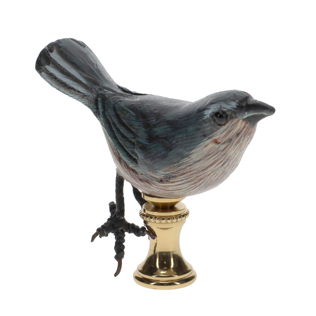 2" Tall Brass Finial Wooden Bird Blue, Brown, Grey, White 1/4-27F Tap (15119)
