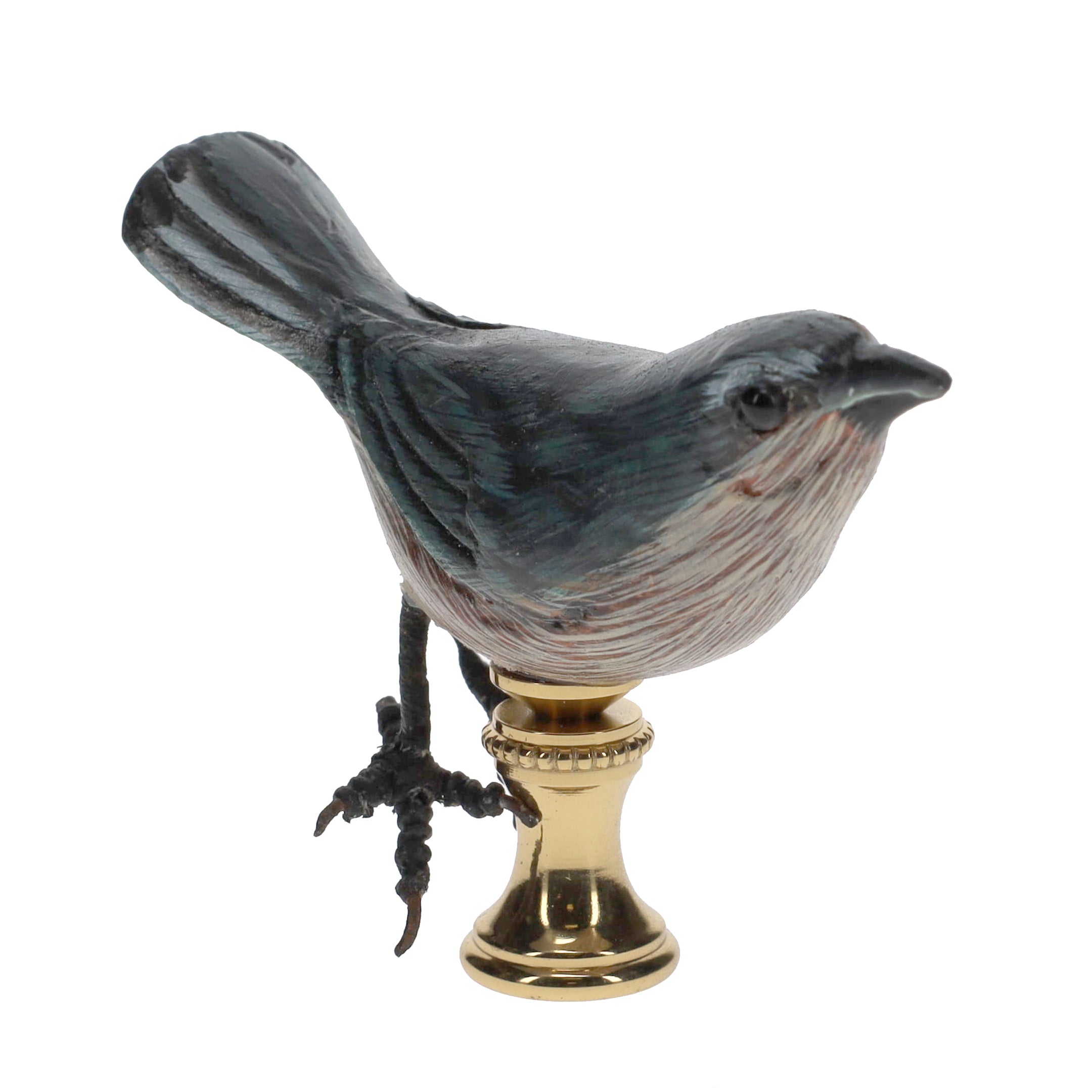 2" Tall Brass Finial Wooden Bird Blue, Brown, Grey, White 1/4-27F Tap (15119)