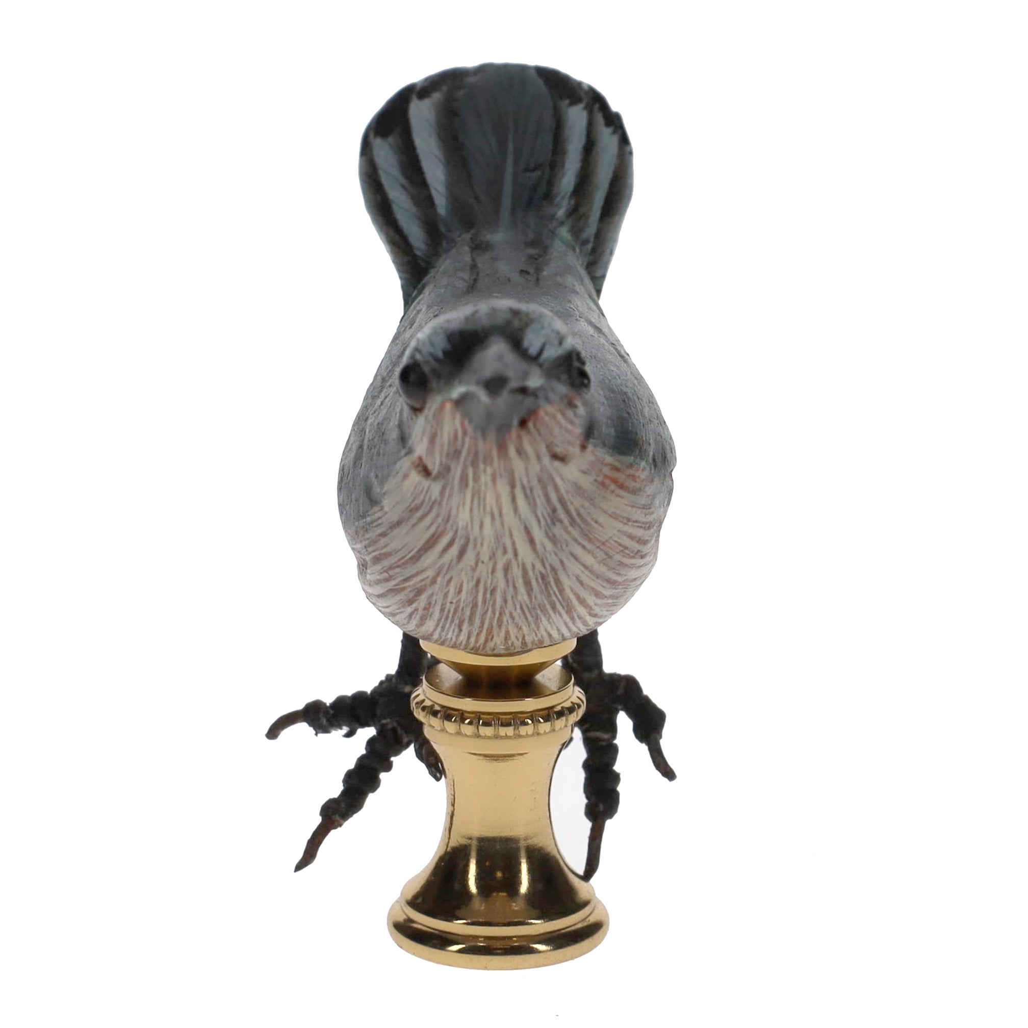 2" Tall Brass Finial Wooden Bird Blue, Brown, Grey, White 1/4-27F Tap (15119)