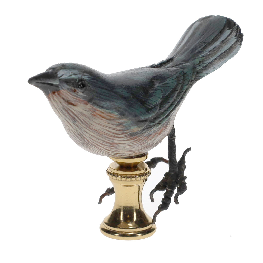 2" Tall Brass Finial Wooden Bird Blue, Brown, Grey, White 1/4-27F Tap (15119)
