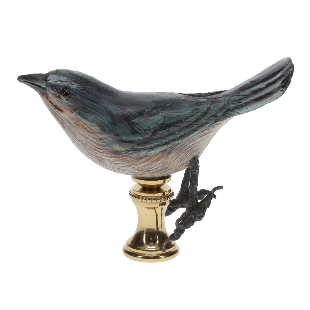 2" Tall Brass Finial Wooden Bird Blue, Brown, Grey, White 1/4-27F Tap (15119)