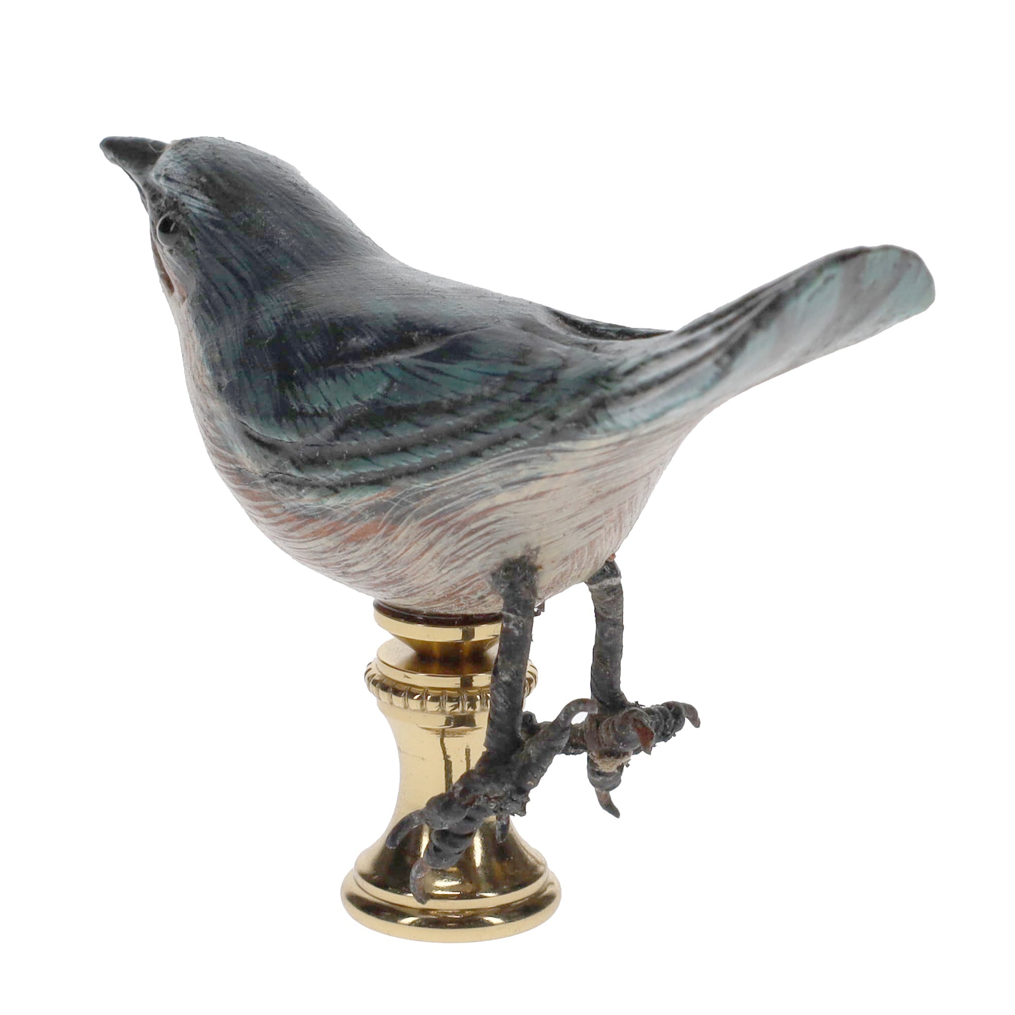 2" Tall Brass Finial Wooden Bird Blue, Brown, Grey, White 1/4-27F Tap (15119)