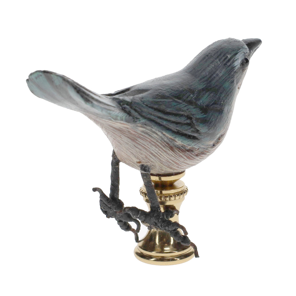 2" Tall Brass Finial Wooden Bird Blue, Brown, Grey, White 1/4-27F Tap (15119)