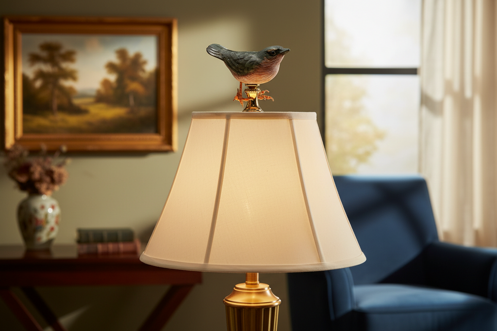 2" Tall Brass Finial Wooden Bird Blue, Brown, Grey, White 1/4-27F Tap (15119B)