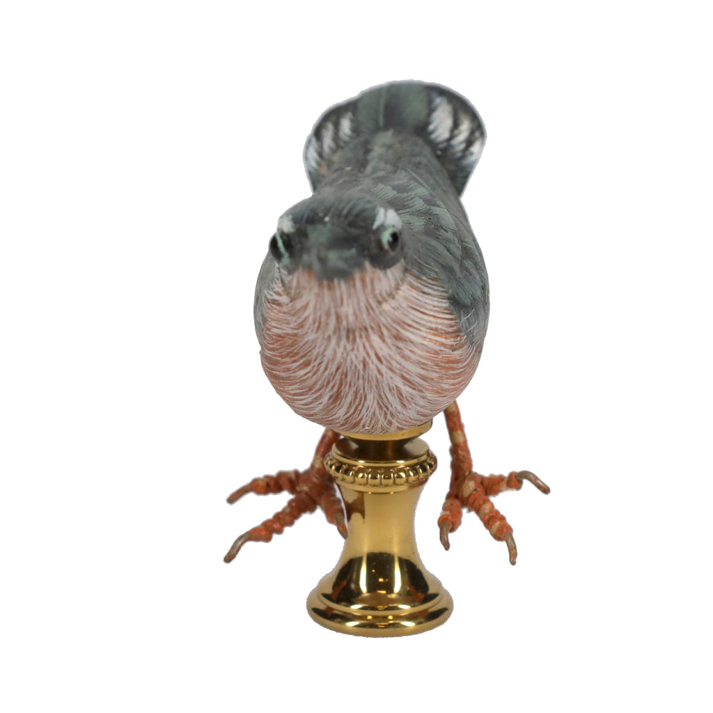 2" Tall Brass Finial Wooden Bird Blue, Brown, Grey, White 1/4-27F Tap (15119B)