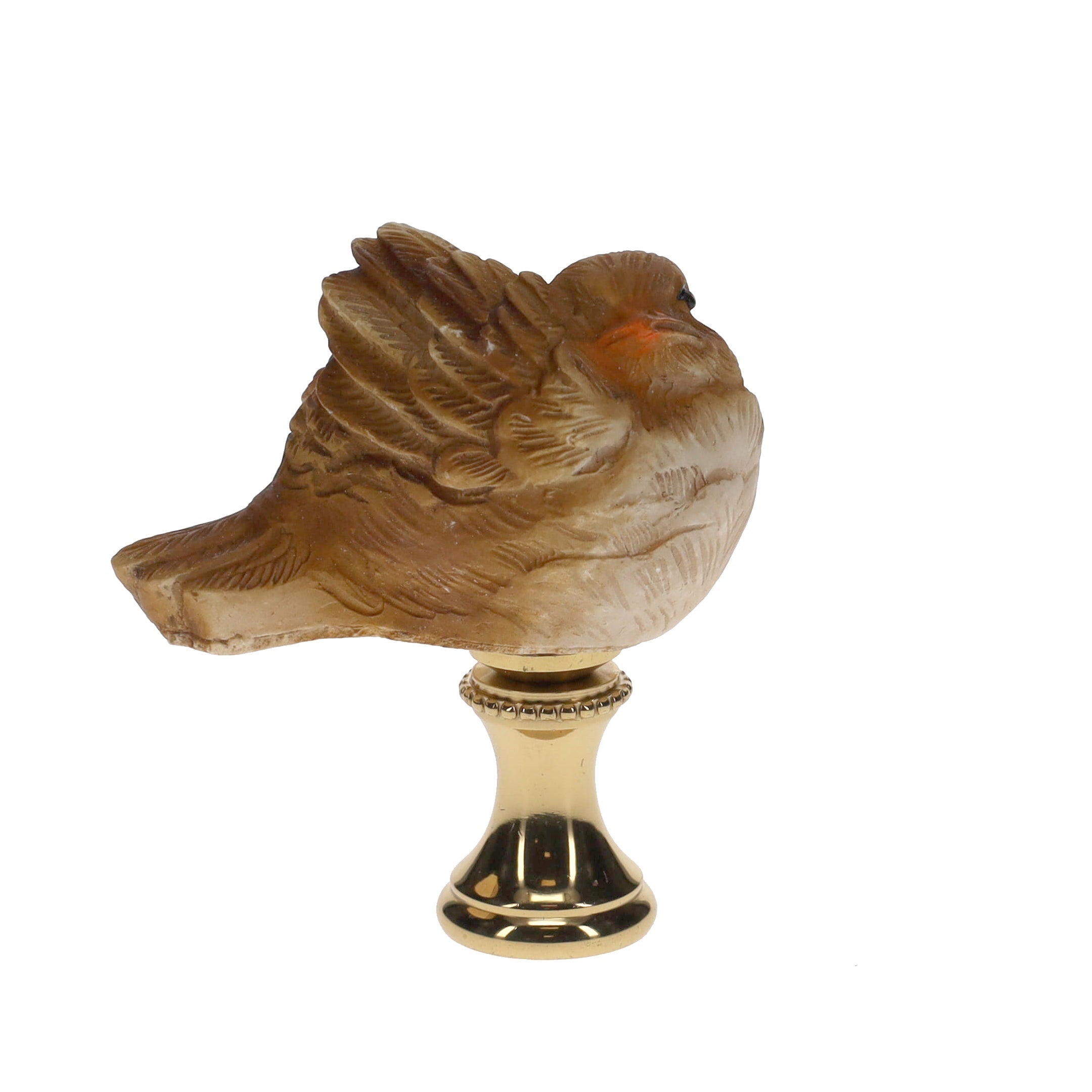 2" Tall Brass Finial Ceramic Bird Brown, Tan, White 1/4-27F Tap (15120)