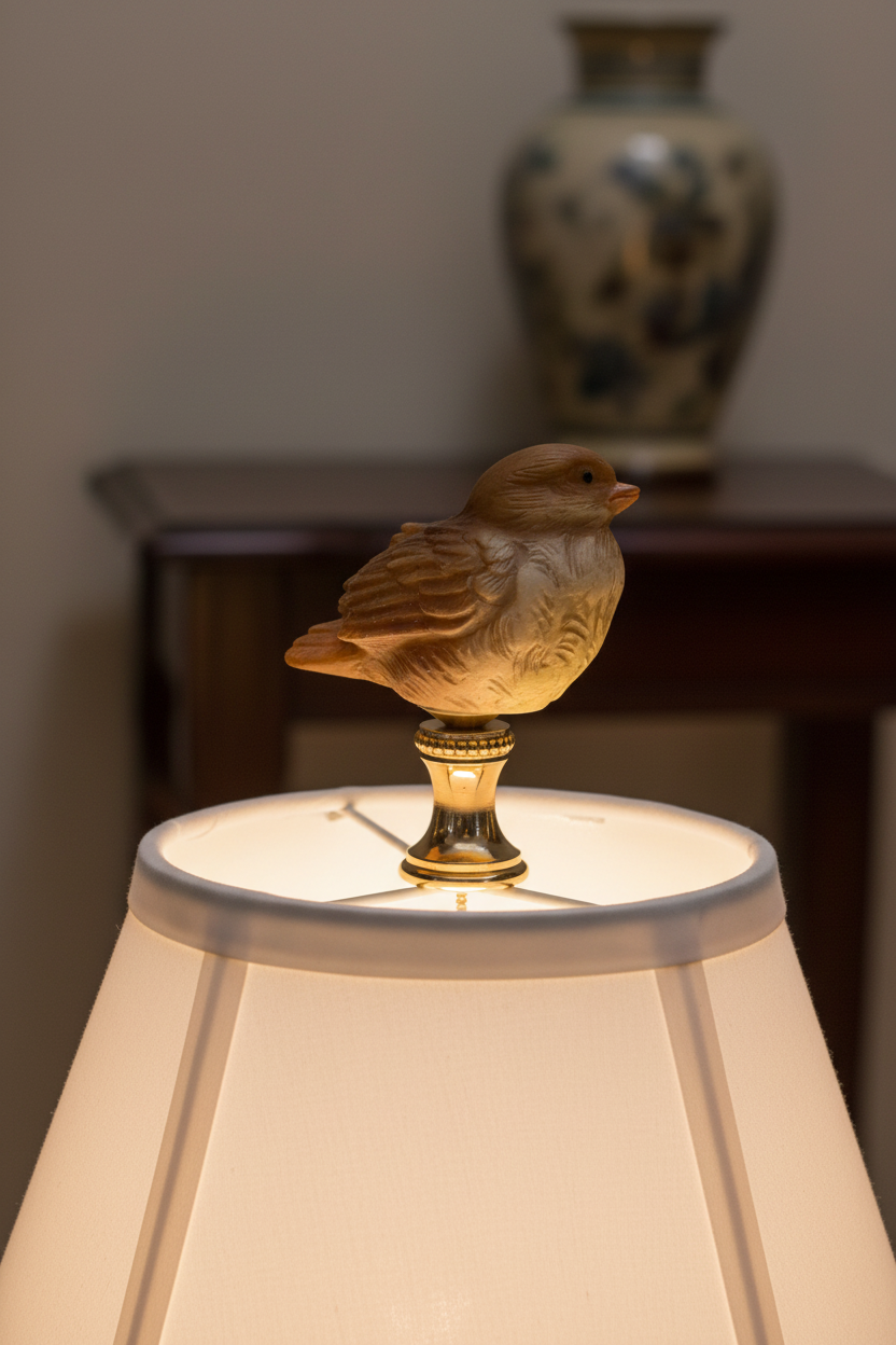 2" Tall Brass Finial Ceramic Bird Brown, Tan, White 1/4-27F Tap (15124)