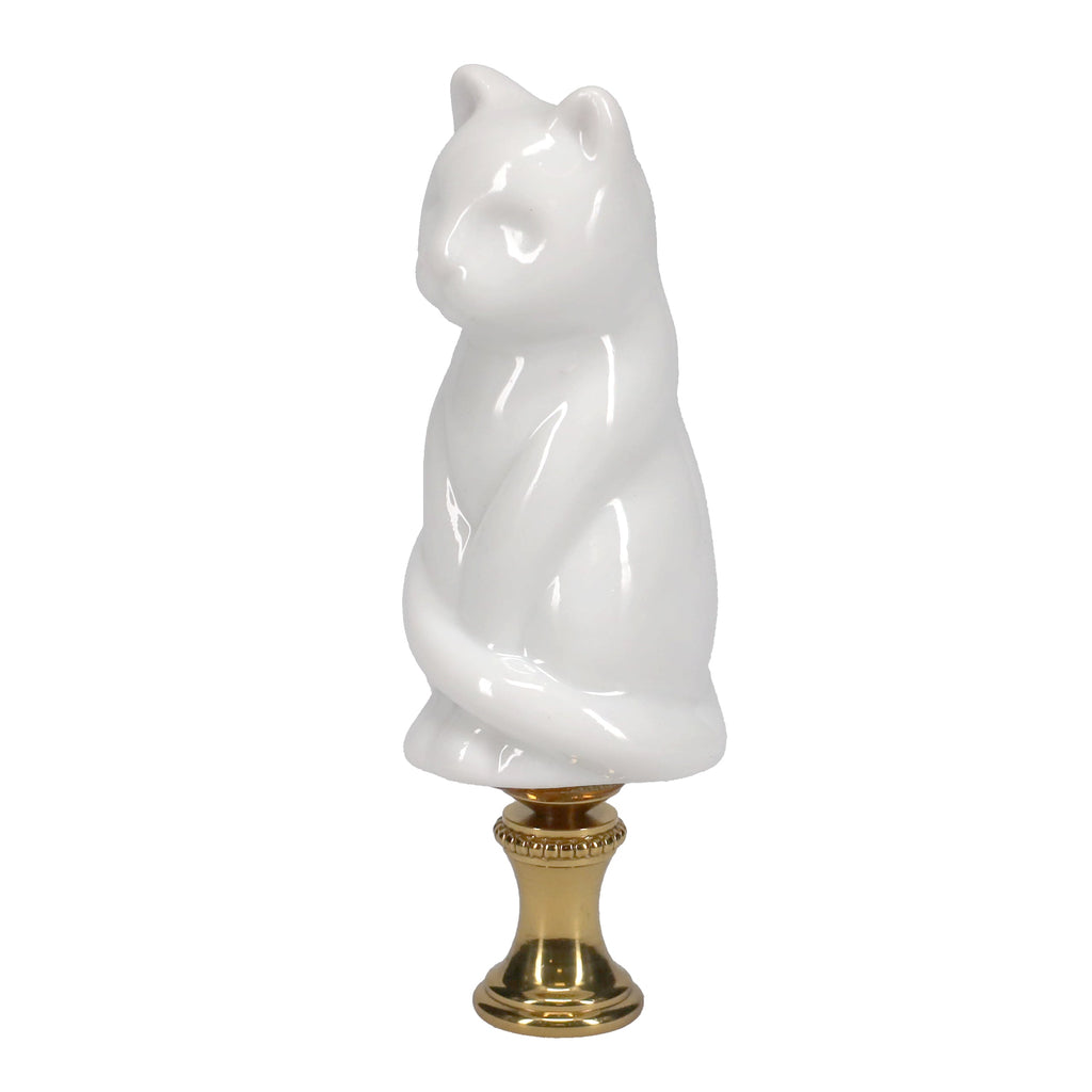 3-1/4" Tall Brass Finial Cat, Ceramic White, 1/4-27F Tap (15127W)