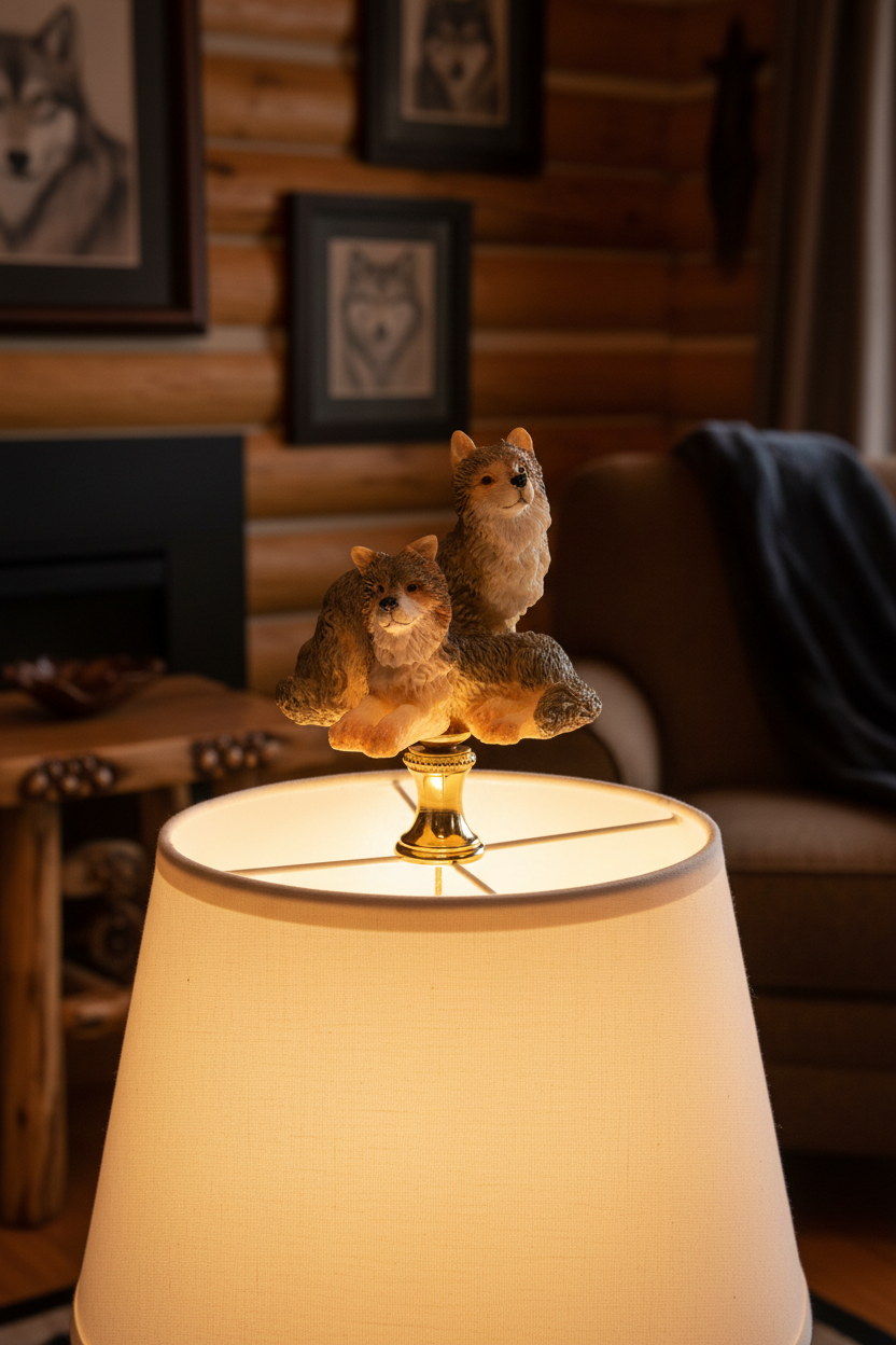 2-3/4" Tall Brass Finial Two Wolves, Ceramic, 1/4-27F Tap (15128B)