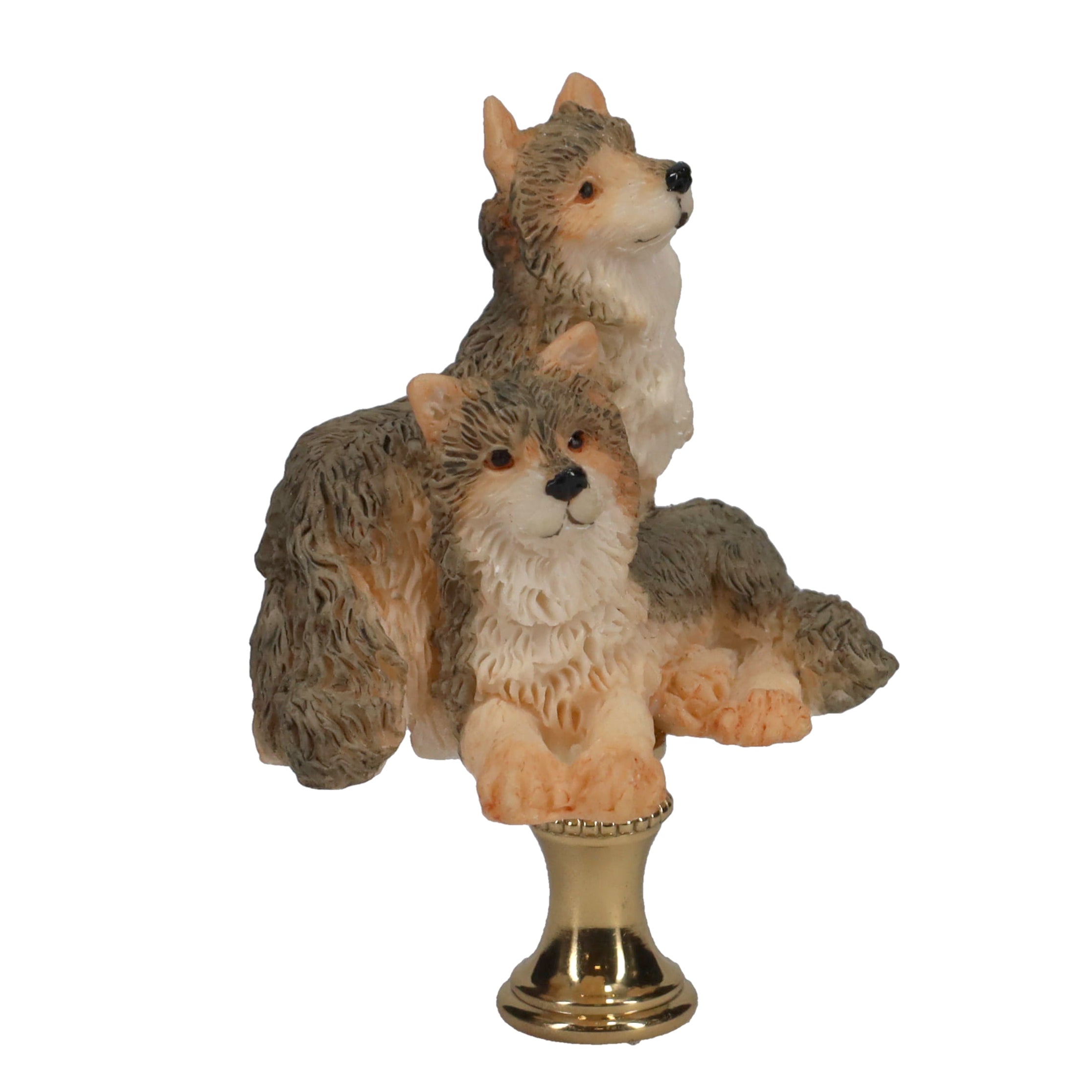 2-3/4" Tall Brass Finial Two Wolves, Ceramic, 1/4-27F Tap (15128B)